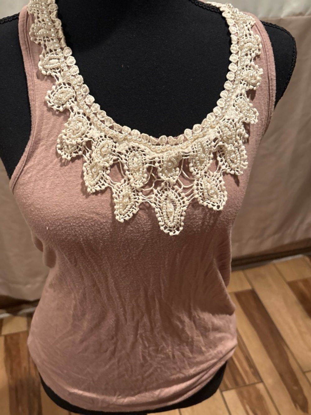 Forever 21 Dusty Rose Tank with Cream Crochet Neckline